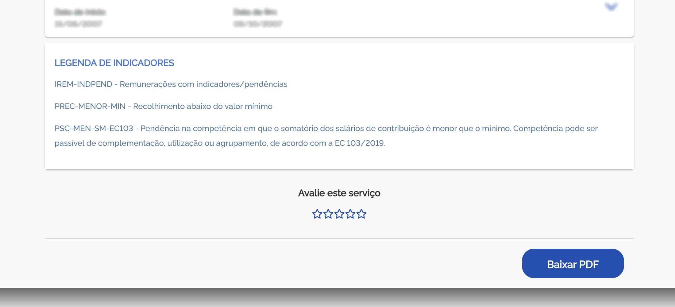 Final da página do extrato, onde aparece o botão Baixar PDF.